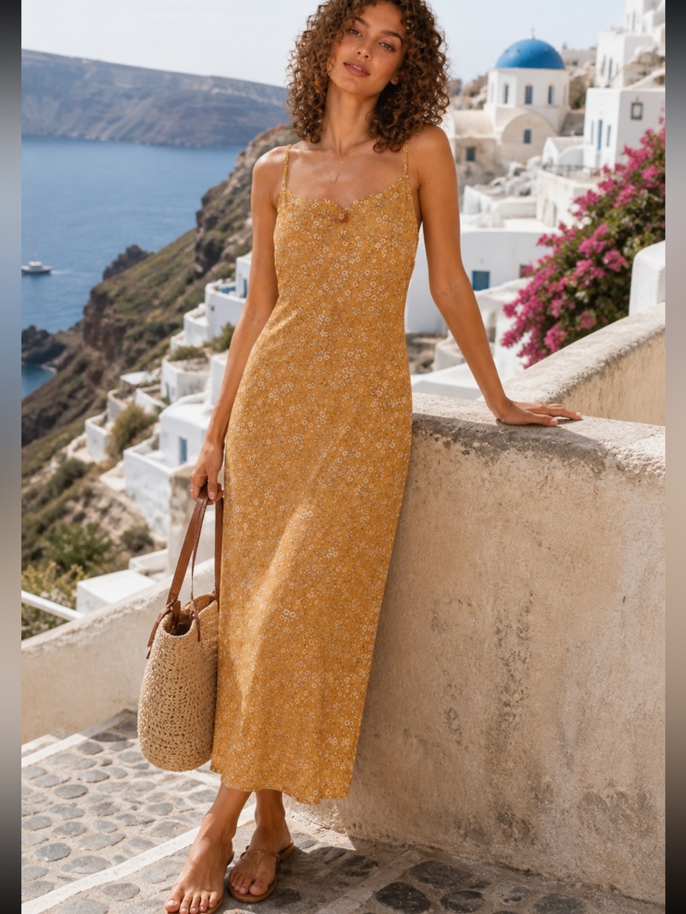 Lulu's Mustard Floral Slip Midi Dress